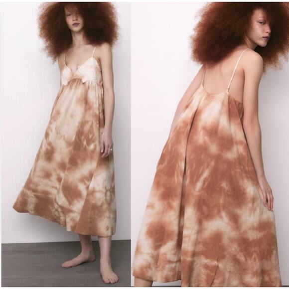 NWT Zara Womens Boho Vacation Embroidered Knit Tie Dye Maxi Dress Size S Beige - Picture 1 of 12